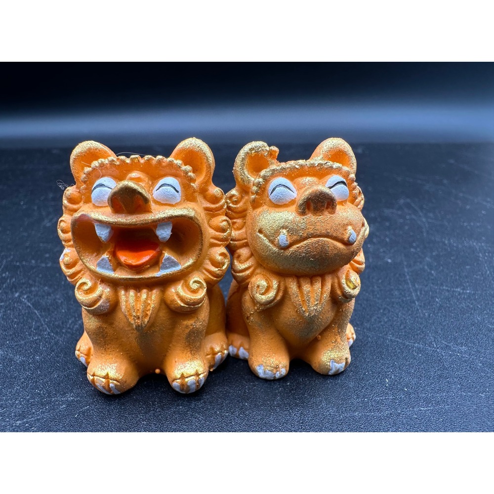 Okinawa Sisar Lion Guardian Statues Resin Orange Gold Japanese Figurine Pair